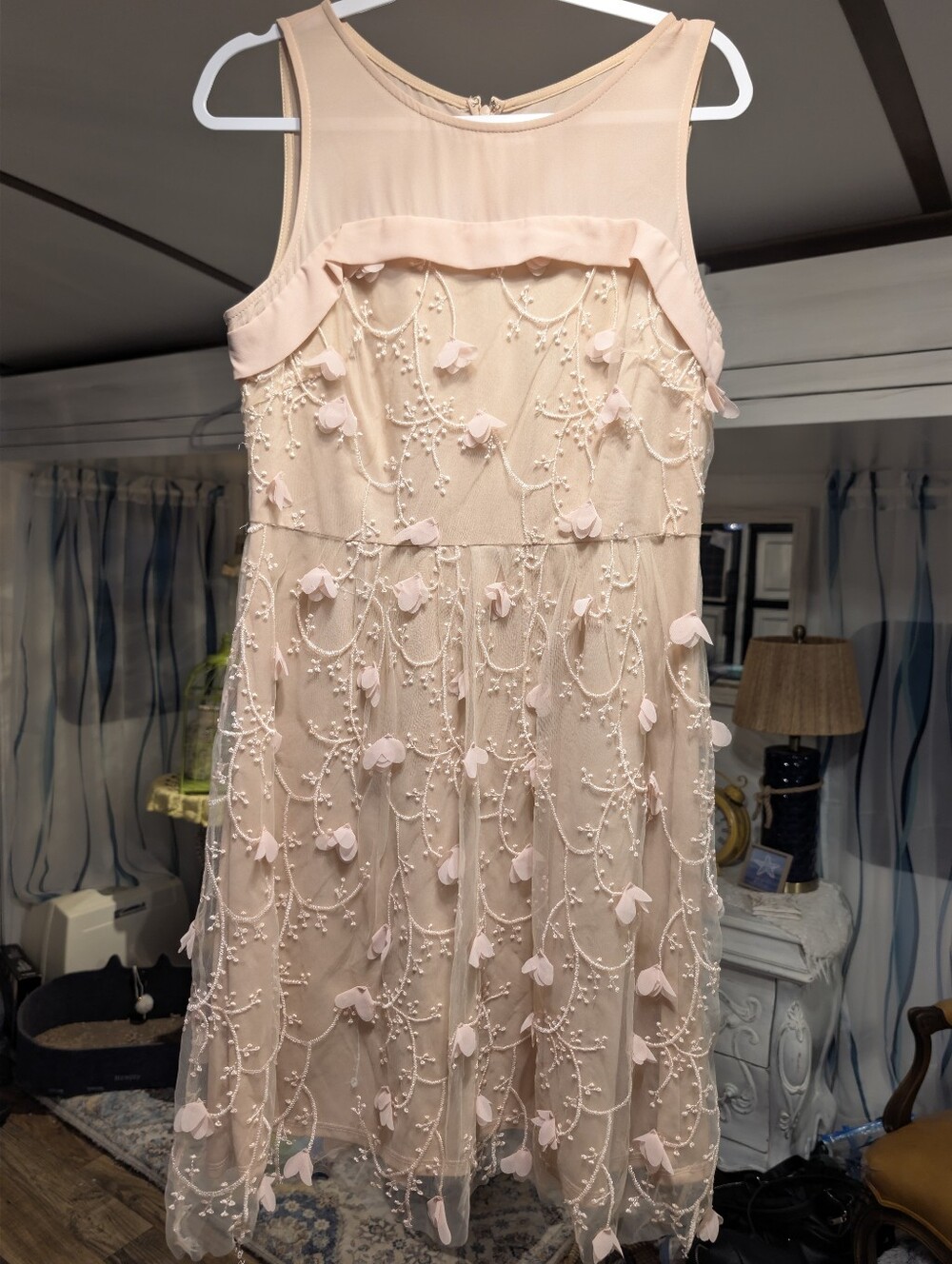 Eva Franco Blush Pink Floral Appliqué Midi Dress